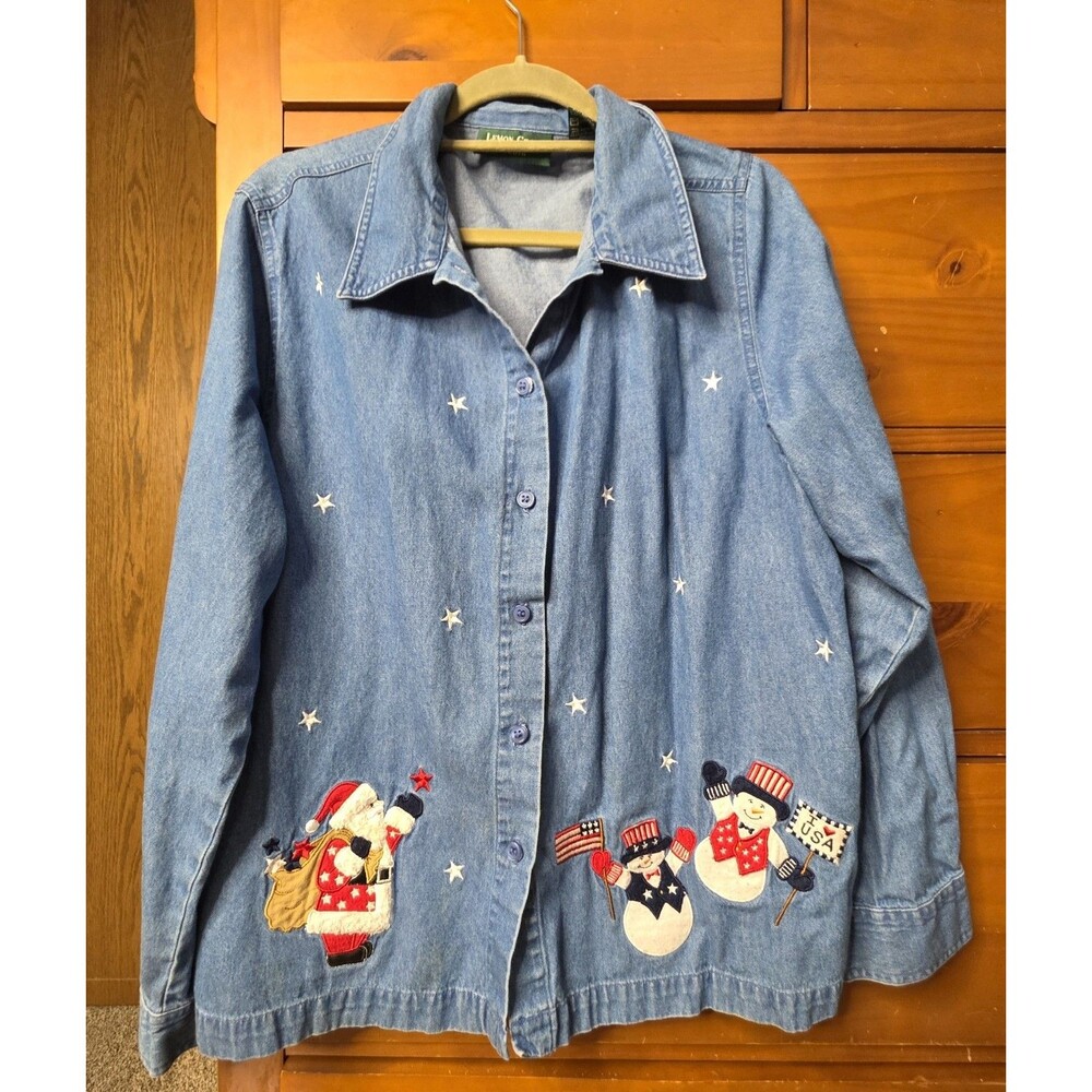 Vintage Lemon Grass Denim Shirt Size XL Christmas Snow Button Up Patriotic 90's